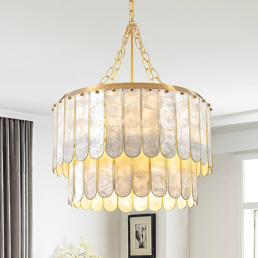 Modern 5-Light Shell Chandelier, 2-Tiered Faceted Pendant Light with Gold Metal Frame, E26 Lighti... | Amazon (US)