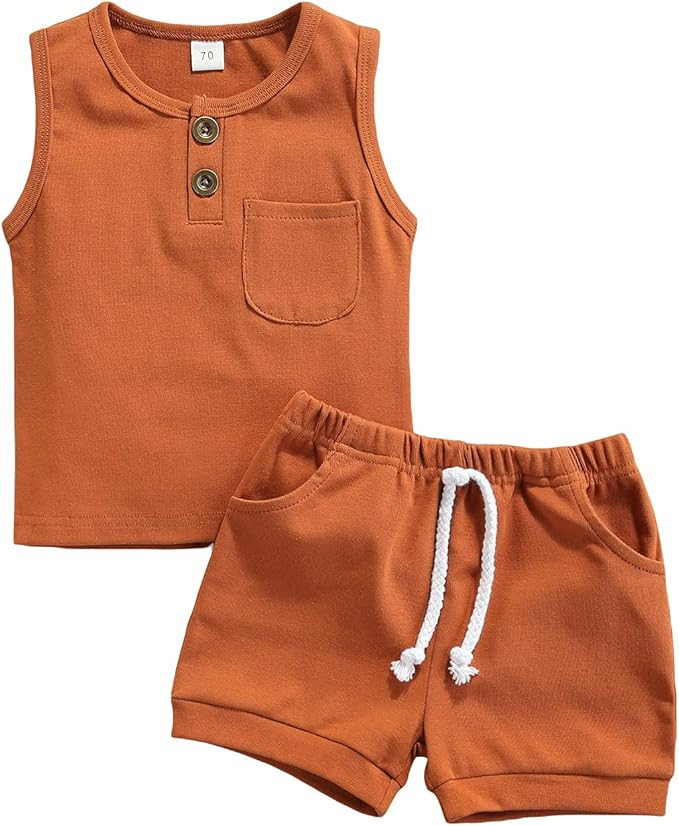 Summer Toddler Baby Boy Girl Clothes Set Unisex Waffle Outfits Solid Short Sleeve Pocket Tops Sho... | Amazon (US)