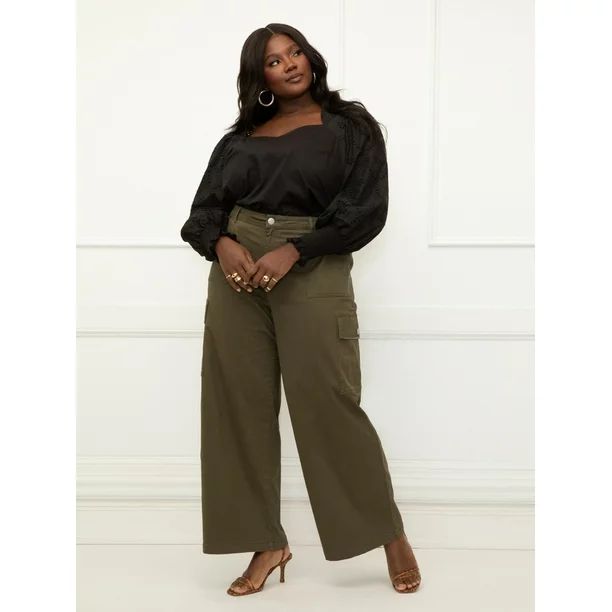 ELOQUII Elements Women's Plus Size Wide Leg Cargo Pants - Walmart.com | Walmart (US)