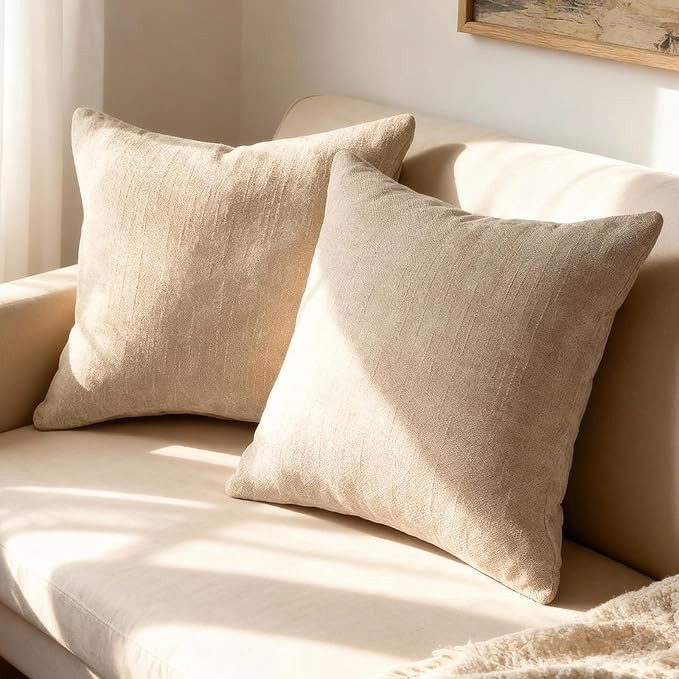 Cream Camel Throw Pillow Covers Set of 2, Textured Faux Linen Couch 20x20 Pillow Covers, Square A... | Amazon (US)