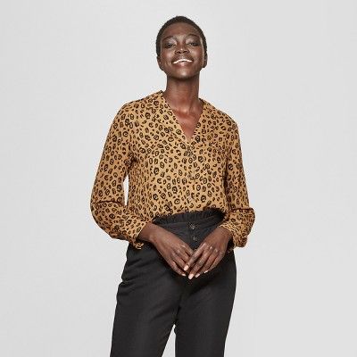 Women's Leopard Print Long Sleeve V-Neck Button-Up Blouse - Who What Wear™ Brown S | Target