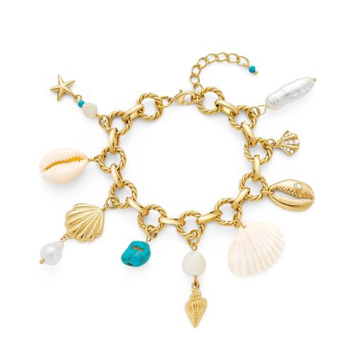 HUAYUNFANG Seashell Starfish Bracelet for Women Gold Ocean Shell Pearls Charm Bracelet Adjustable Gold Beach Mermaid Charm Bracelets Trendy Jewelry | Amazon (US)