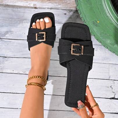 New Style Ladies Black Fashionable & Versatile Square Toe Gold Sequin Strap Slip-On Flat Sandals, Suitable For Summer Outdoor Casual Wear | SHEIN