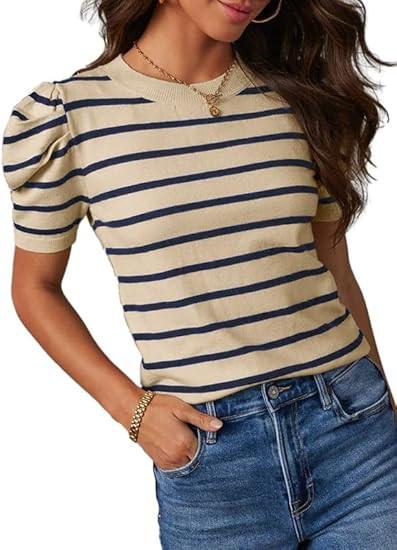 Dokotoo Women's Short Puff Sleeve Knit Tops 2024 Trendy Crewneck Striped T Shirts Casual Summer B... | Amazon (US)