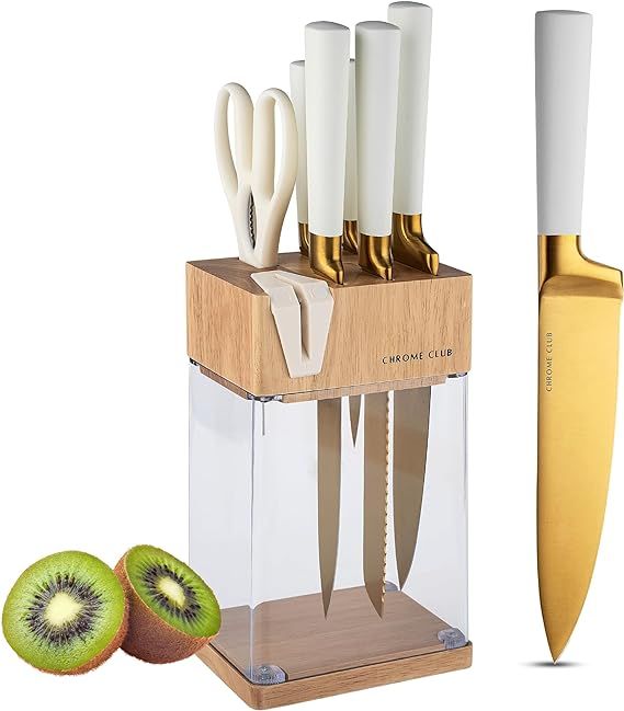 CHROME CLUB Stainless Steel White and Gold Knife Set with Block - 7 Piece Gold Kitchen Knife Set ... | Amazon (US)