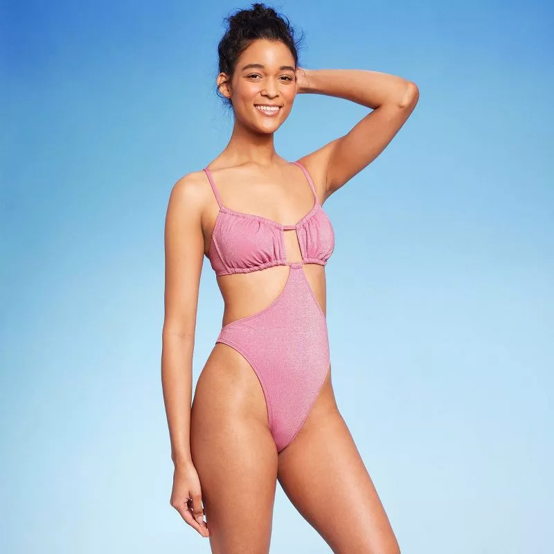 Pink Lurex Cutout One Piece Swimwear