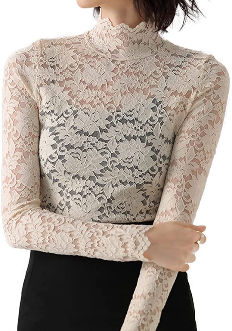 QiuDumo 2 Set Plus Size Women Floral Lace Shirt Eyelash Trim Sexy Long Sleeves Casual Top with Camis | Amazon (US)
