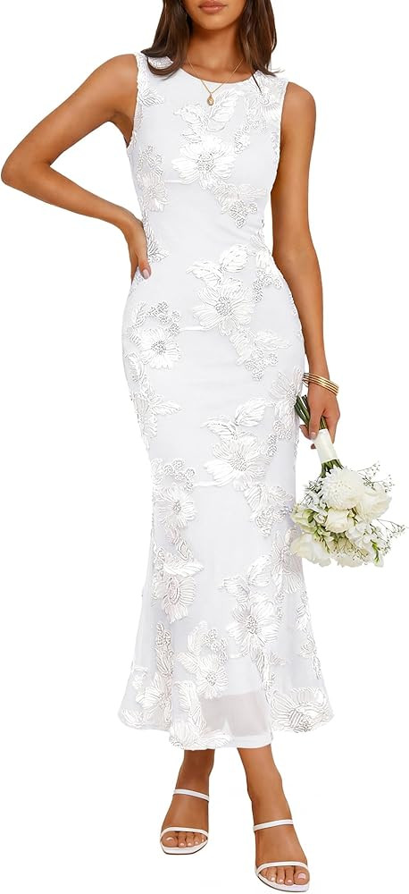 ZESICA Womens 2026 Summer Floral Wedding Guest Midi Dress Sleeveless Mesh Slit Bodycon Formal Coc... | Amazon (US)