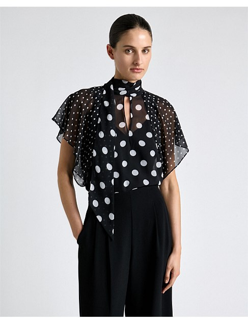 POLKA DOT RUFFLE SLEEVE TIE NECK BLOUSE | David Jones (Australia & New Zealand)