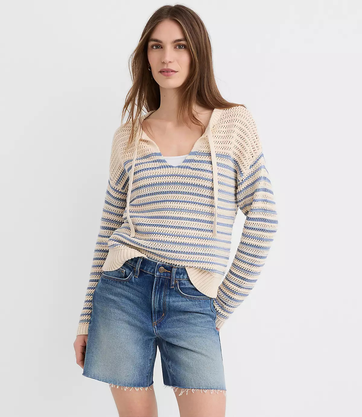 Striped Mesh Stitch Tie Neck Sweater | LOFT