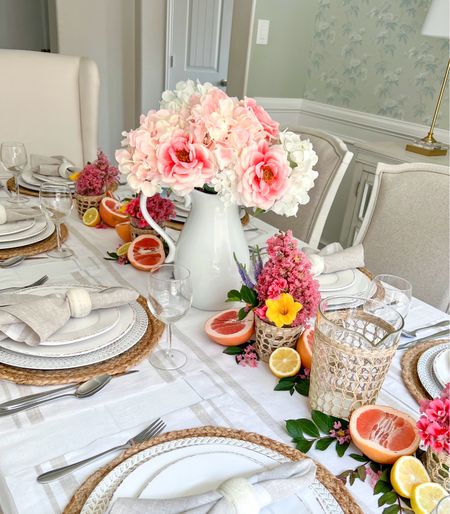 Need an easy summer tablescape idea? Decorate with citrus fruit!🍋And if you don’t have corresponding colored linens or dishware, use white or neutral ones! I also used flowers from my backyard for the centerpiece! 

#LTKHome #LTKParties #LTKSeasonal