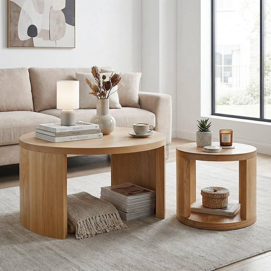 Round Coffee Table Set of 2, Nesting Coffee Tables with Storage, Living Room Table Set, Modern Wo... | Amazon (US)