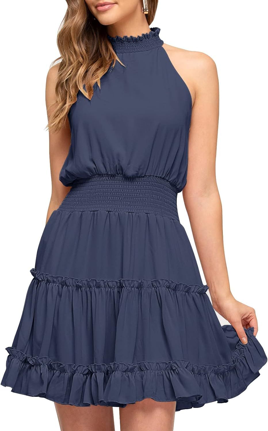 MEROKEETY Women's Summer Casual Halter Neck A Line Dress Sleeveless Smocked Waist Ruffle Mini Dre... | Amazon (US)