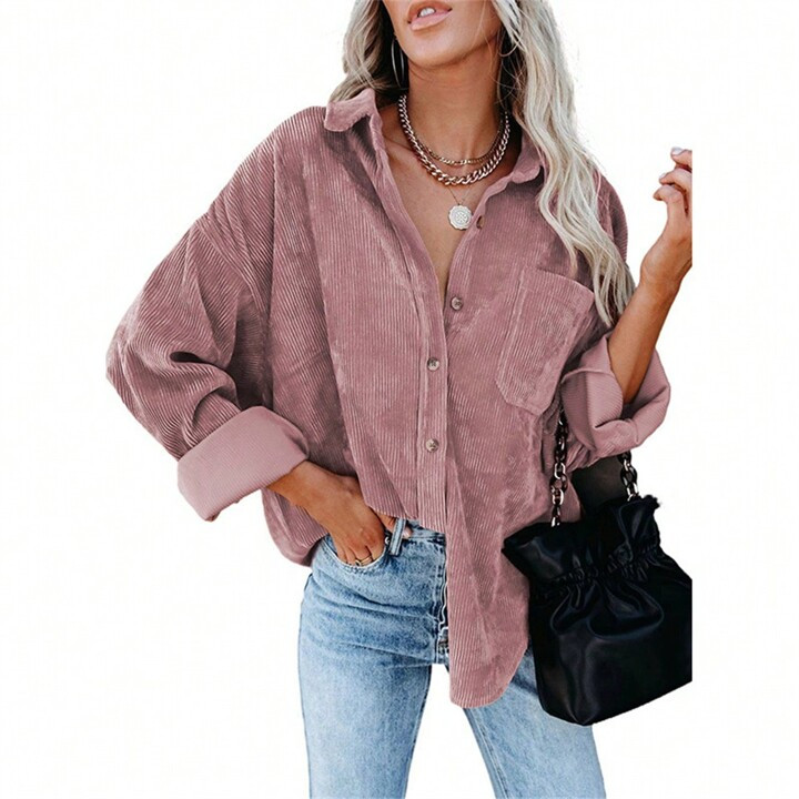 Women's Textured Pocket Button Front Corduroy Jacket  Long Sleeve Collared Button Up Casual Outer... | SHEIN