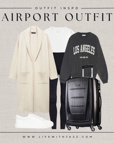 Airport/travel comfy outfit 

Mango coatigan 
White tee 
Anine Bing sweatshirt 
Leggings 
Sam Edelman sneakers 
Samsonite suitcase 

#LTKstyletip #LTKtravel