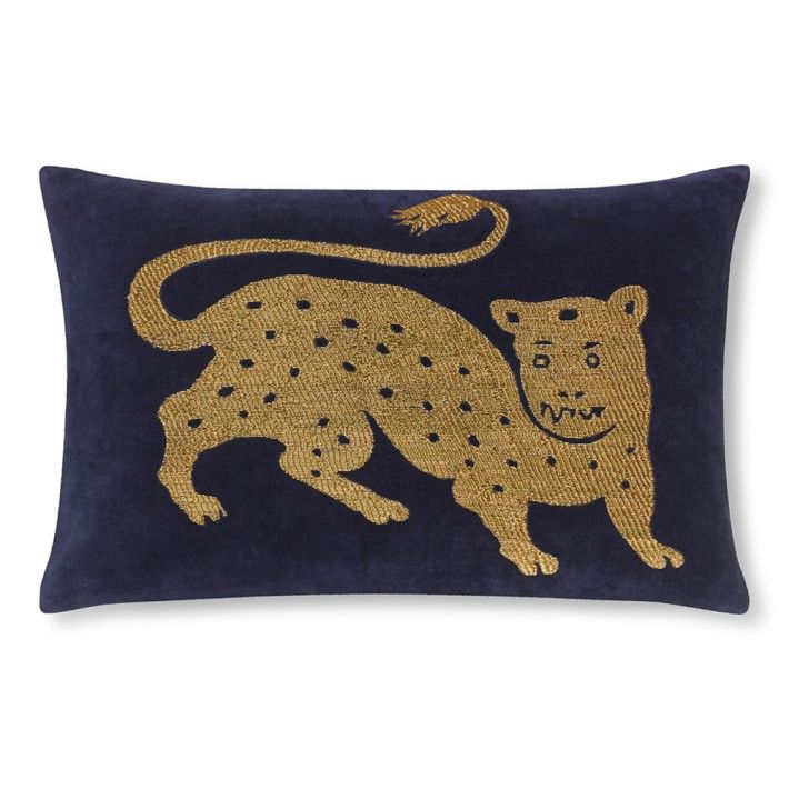 Tibetan Tiger Velvet Pillow Cover, 14" X 22", Navy/Gold | Williams-Sonoma