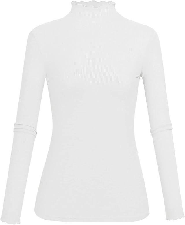 KLOTHO Lightweight Ruffle Mock Neck Tops Ribbed Lettuce Trim Soft Base Layer for Women | Amazon (US)