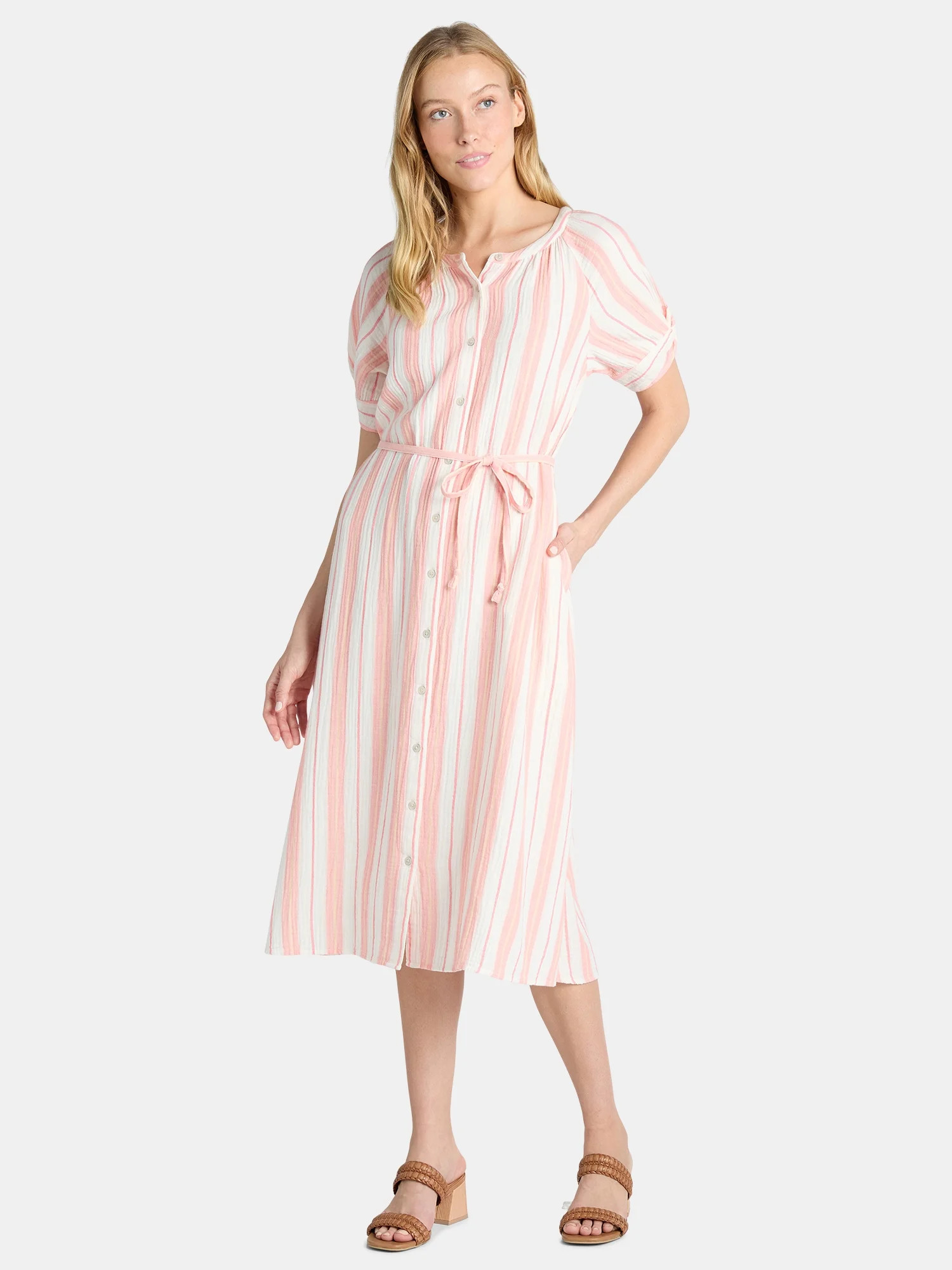 Time and Tru Women’s and Women’s Plus Cotton Double Cloth Midi Dress, Sizes XS-4X | Walmart (US)