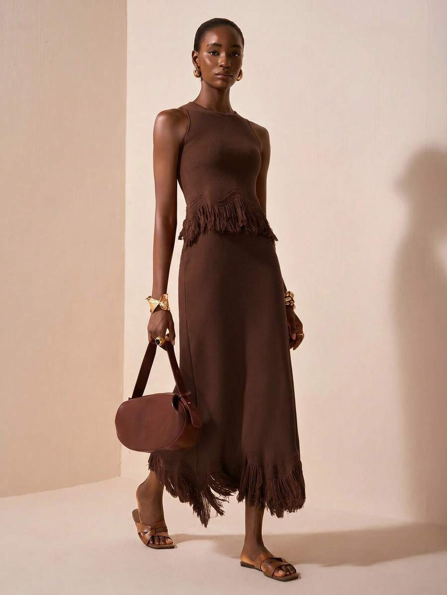 Zivah Dark Brown Summer Elegant Dining Women's Knit Sleeveless Top With Fringe Trim And Mid-Lengt... | SHEIN