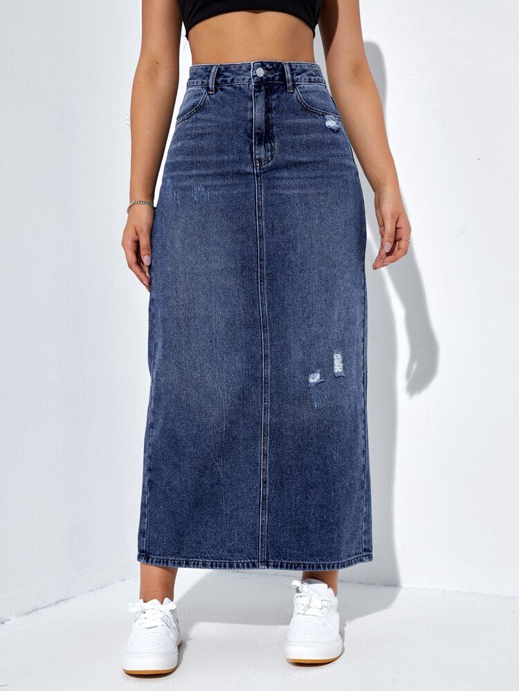 High Waist Ripped Split Back Denim Skirt | SHEIN