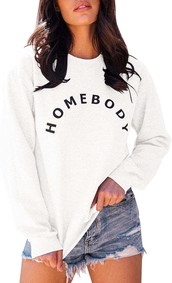 FISACE Womens Graphic Sweatshirt Crew Neck Solid Color Long Sleeve Casual Loose Letter Pullover T... | Amazon (US)