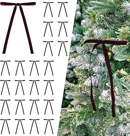 24 Pcs Deep Burgundy Velvet Bows Ornaments for Christmas Tree, Vintage Elegant Velvet Christmas B... | Amazon (US)