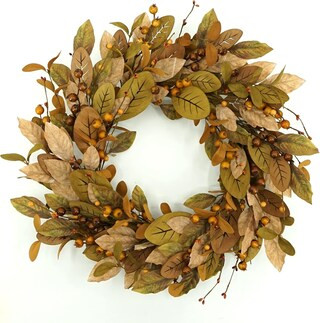 20" autumn wreath Autumn wreath for front door with brown magnolia leaves and little pomegranate ... | Michaels Stores