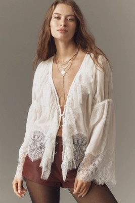 By Anthropologie Sheer Ruffled Lace Blouse | Anthropologie (US)