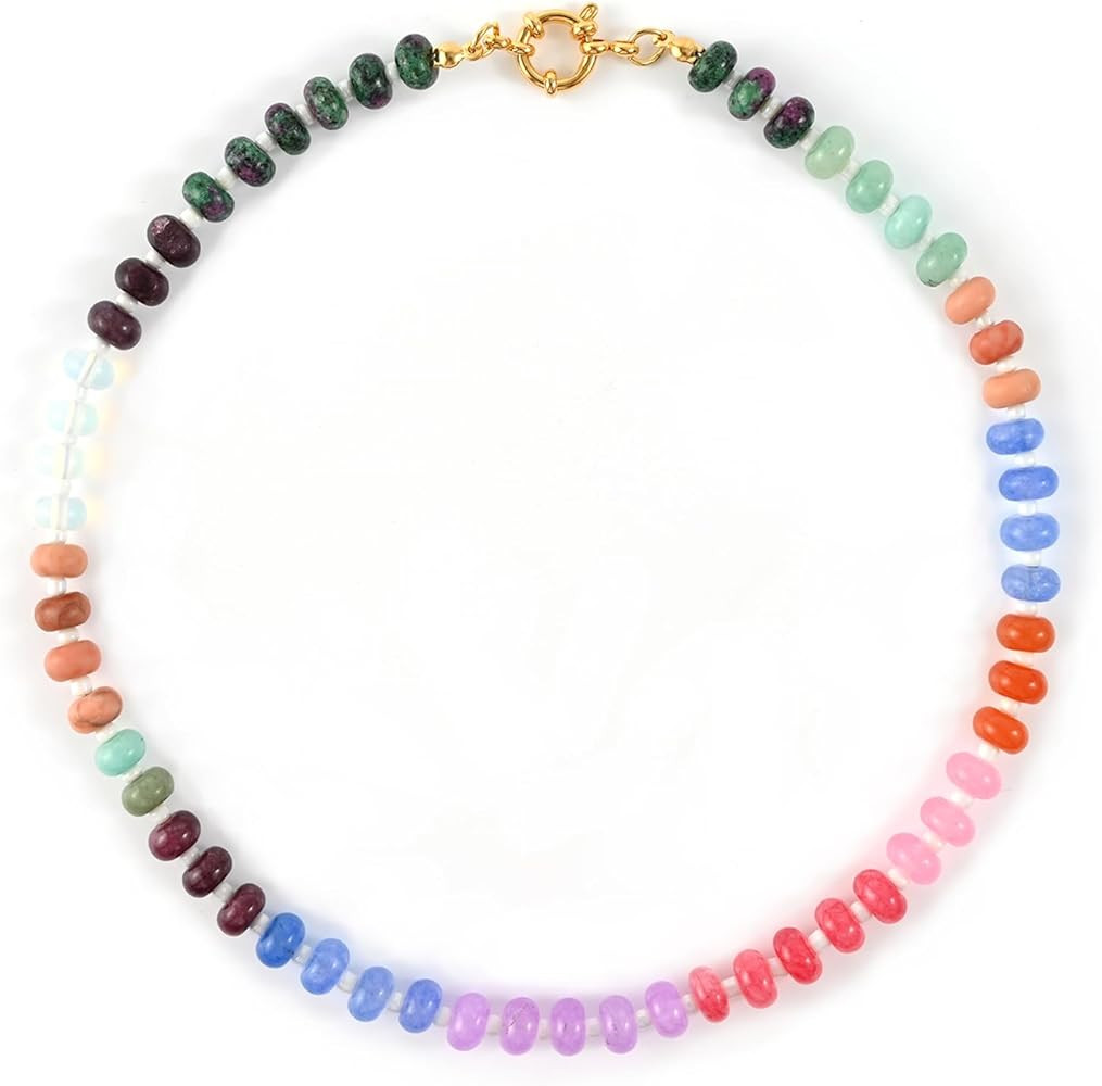 Boho Multicolor Beaded Gemstone Necklaces for Women,Natural Stone Rainbow Colorful Bead Choker, H... | Amazon (US)