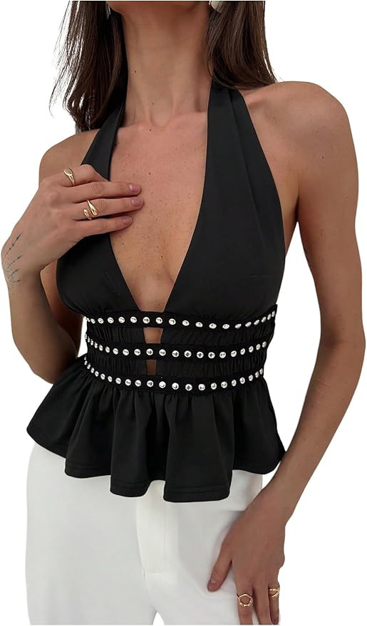 MakeMeChic Women's Halter Going Out Tops Y2k Punk Ruffle Hem Sleeveless Tank Party Clubwear | Amazon (US)