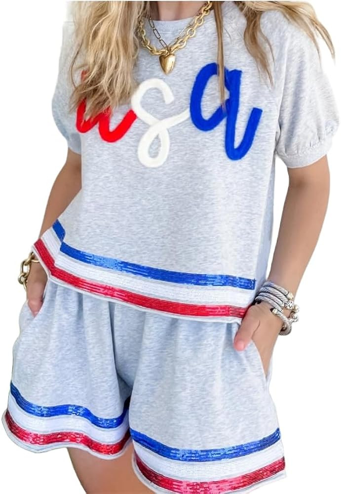 ASTANFY 4th of July Outfits USA Shirt and Shorts Set Women American Flag Shirt Summer Patriotic S... | Amazon (US)
