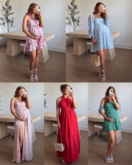 top: pink floral: small, blue floral: xs
bottom: blue & pink: xs (too small! should’ve done a small!) // red: xs // green: xs

(i’m 5’3 and about 33 weeks preggo)