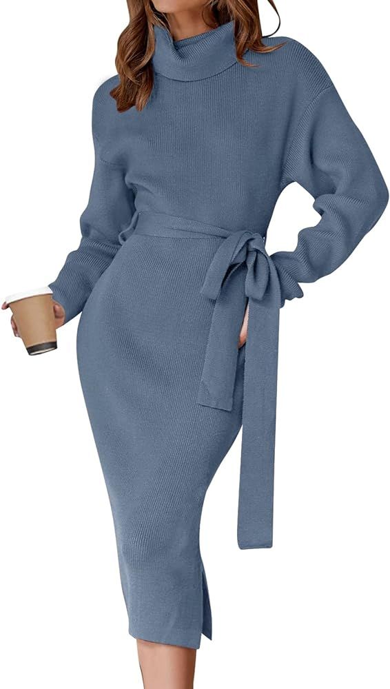ZESICA Women's Turtleneck Sweater Midi Dress Long Sleeve Ribbed Knit Bodycon Slit Dress with Belt | Amazon (US)