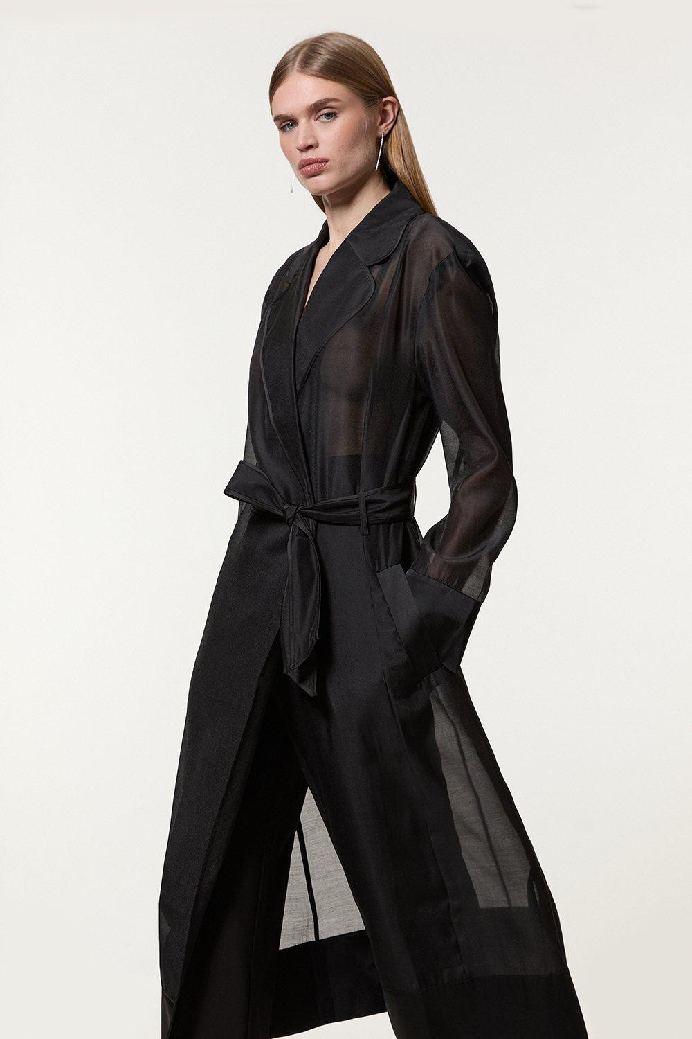 Organza And Satin Mix Tailored Sheer Trench Coat | Karen Millen | Karen Millen US