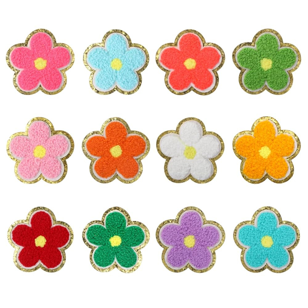 12PCS Flower Iron On Patches, Colorful Glitter Gold Edges Chenille Iron On Patches for Hats, Clot... | Amazon (US)