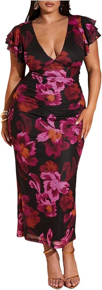 Women's Plus Size Cocktail Floral Maxi Dress Deep V Ruffle Short Sleeve Bodycon Mesh Wedding Gues... | Amazon (US)