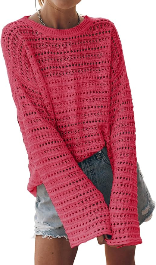 Sidefeel Womens Summer Sweaters 2026 Lightweight Casual Long Sleeve Crochet Tops Hollow Out Knit ... | Amazon (US)