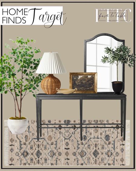 Target Home Finds. Follow @farmtotablecreations on Instagram for more inspiration.

30" Olive Tree in Pot Artificial Plant - Threshold. Vintage Persian Linen Rectangular Woven Outdoor Rug Multicolor Naturals - Threshold. Marvale Console Table - Threshold. 20" x 30" Shield Wall FSC Ash Wood Mirror Black. 16"x12" Moody Trees Framed Wall Canvas Board. Natural Wicker Table Lamp Brown. 72" Artificial Ficus Tree - Threshold™ designed with Studio McGee. Ceramic Link Bowl with Handles. Target Home Finds. Entryway Decor. Entryway Styling. 

#LTKsalealert #LTKfindsunder50 #LTKhome