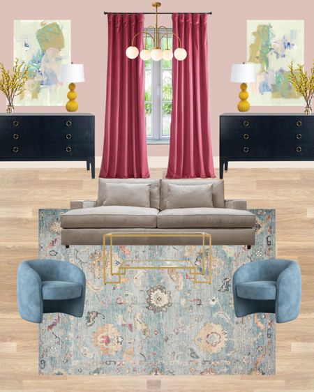 Colorful living room, grand millennial home decor, colorful rug,  blue living room rug, loloi rug, living room wall art, pink curtains, velvet curtains, wayfair home decor, blue side chairs 

#LTKfamily #LTKhome #LTKsalealert