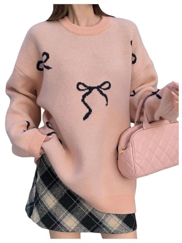 BEAUDRM Women's Bow Print Sweater Long Sleeve Crew Neck Knit Oversized Pullovers Sweaters Pink Medium | Amazon (US)