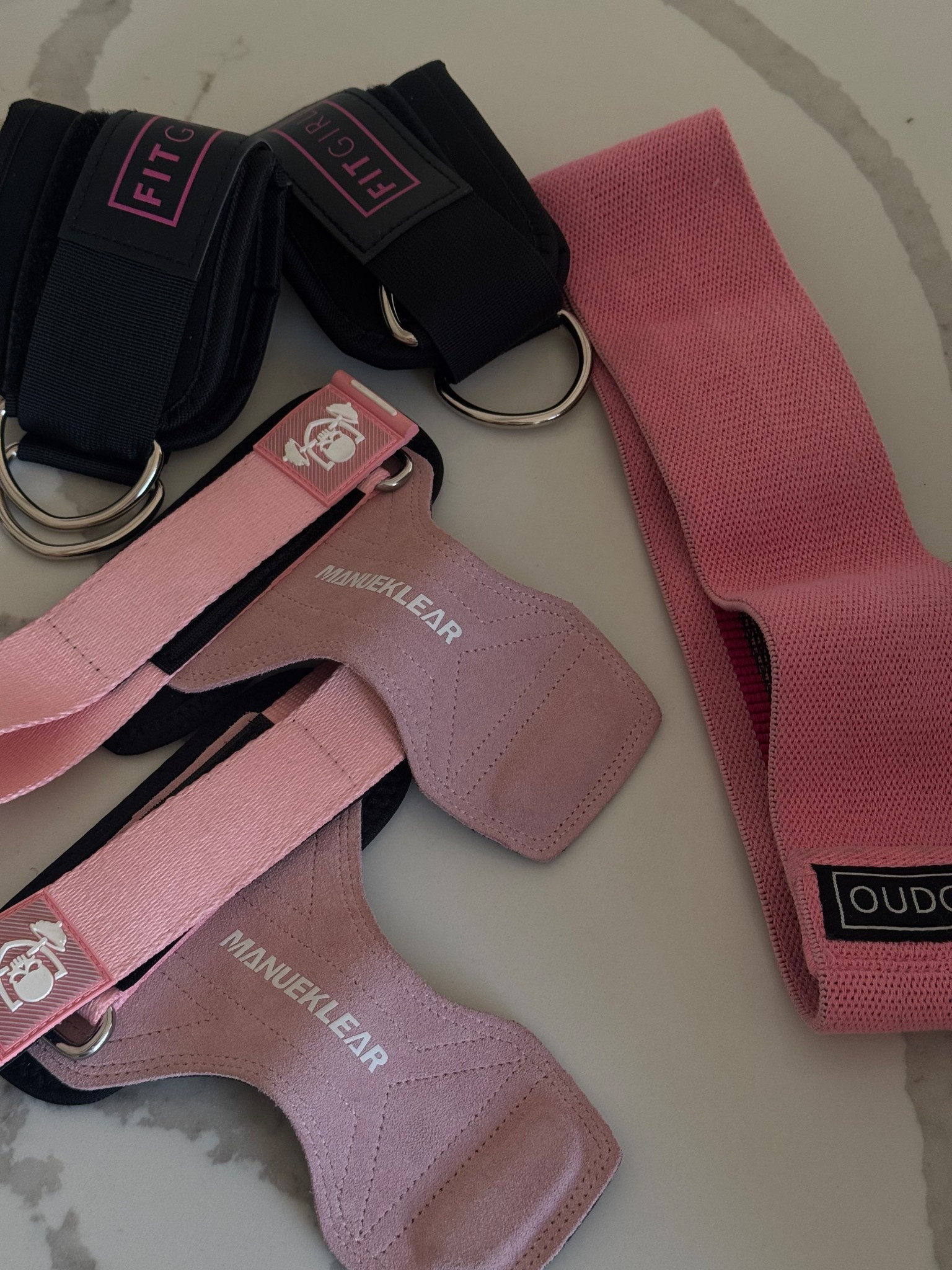 My gym favorites that I actually use - gloves are for heavy lifting RDL or lunges, bands for all things glute bridge, clamshells, hip thrusts, kickback ankle straps & a weighted vest (not pictured)! 

#LTKFindsUnder50 #LTKActive