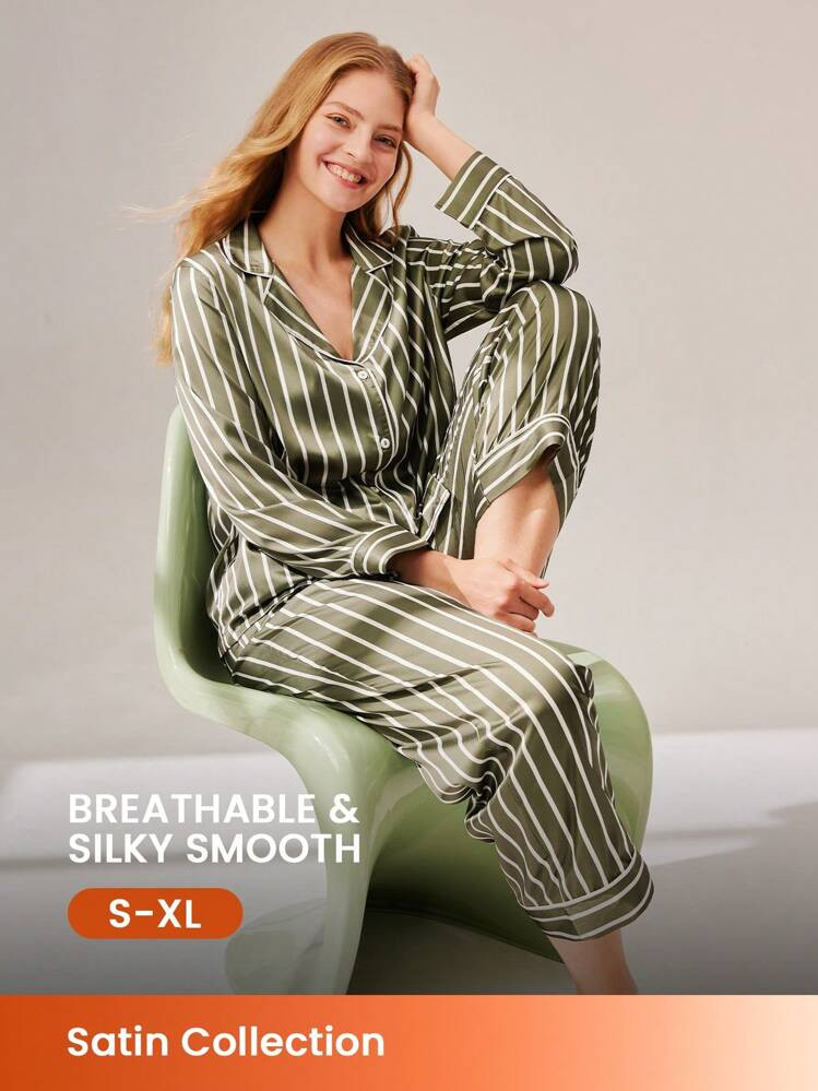 LUVLETTE Basic Green Striped Satin Button-Up & Pants Loungewear Pajama Set Lounge Sets For Women Lingerie | SHEIN