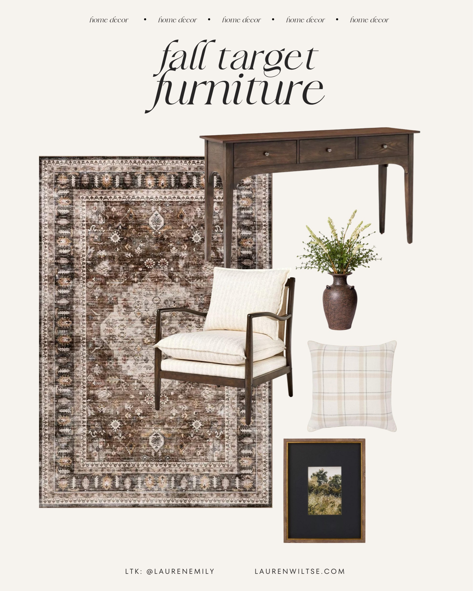 A new season is always a good excuse to switch up your home future. I am so in love with all the pieces at Target right now! I am into darker + moodier color pallets with earthy undertones. Target has so much that I want!

I love this neutral rug paired with the dark wood console. The cream lounge chair adds a pop of color and the little pieces of decor really tie the look together. Target has the cutest future and home decor finds for fall!

These are the best affordable fall furniture and decor pieces for transitioning into autumn home style! 
Fall furniture, fall home, fall rug, affordable home decor, home style, target home, target fall decor, target decor finds


#LTKHome