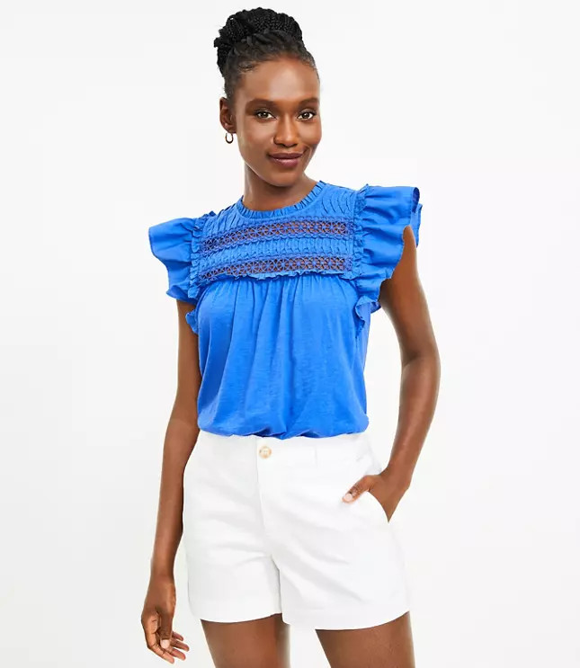 Petite Eyelet Ruffle Trim Mixed Media Top | LOFT