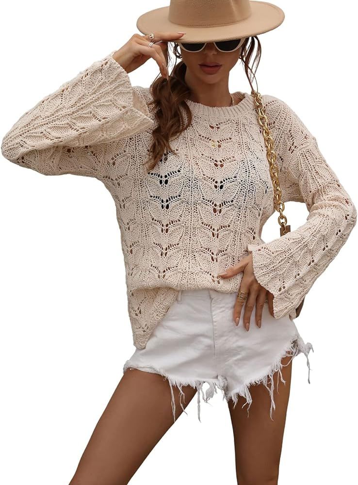 chouyatou Women's Spring Bell Sleeve Crochet Sweater Boho Hollow Out Pullover Sweater Tops Blouse | Amazon (US)