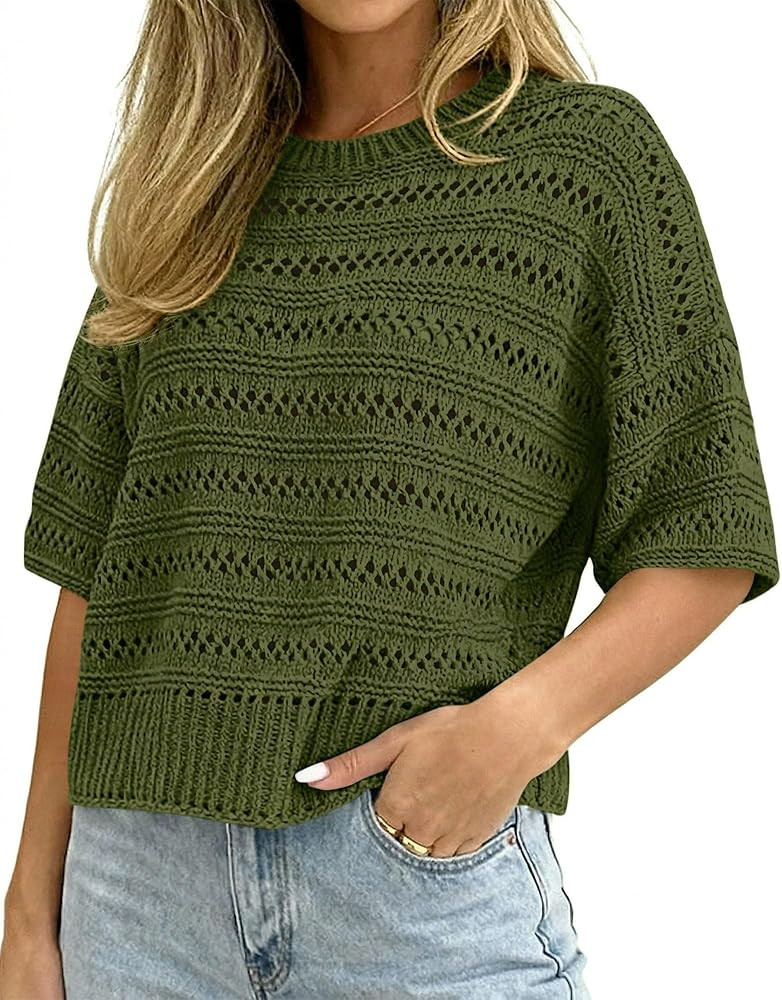 KIRUNDO Crochet Tops for Women Oversized Short Sleeve Sweater Lightweight Knit Pullover 2026 Summer Clothes Spring Outfits | Amazon (US)