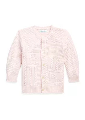 Ralph Lauren Childrenswear Baby Boys Contrast Knit Organic Cotton Cardigan, Pink, 9 - 12 Months | Belk