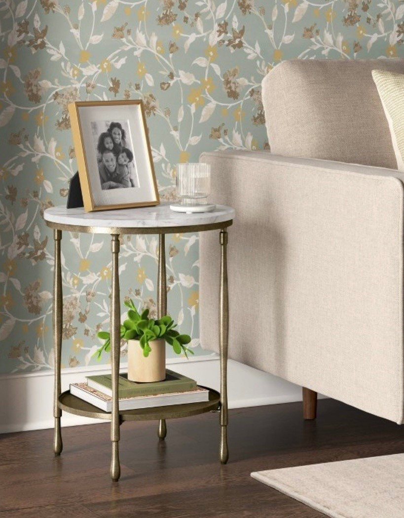 Cast Metal and Carrara White Marble Side Table Antique Brass Finish