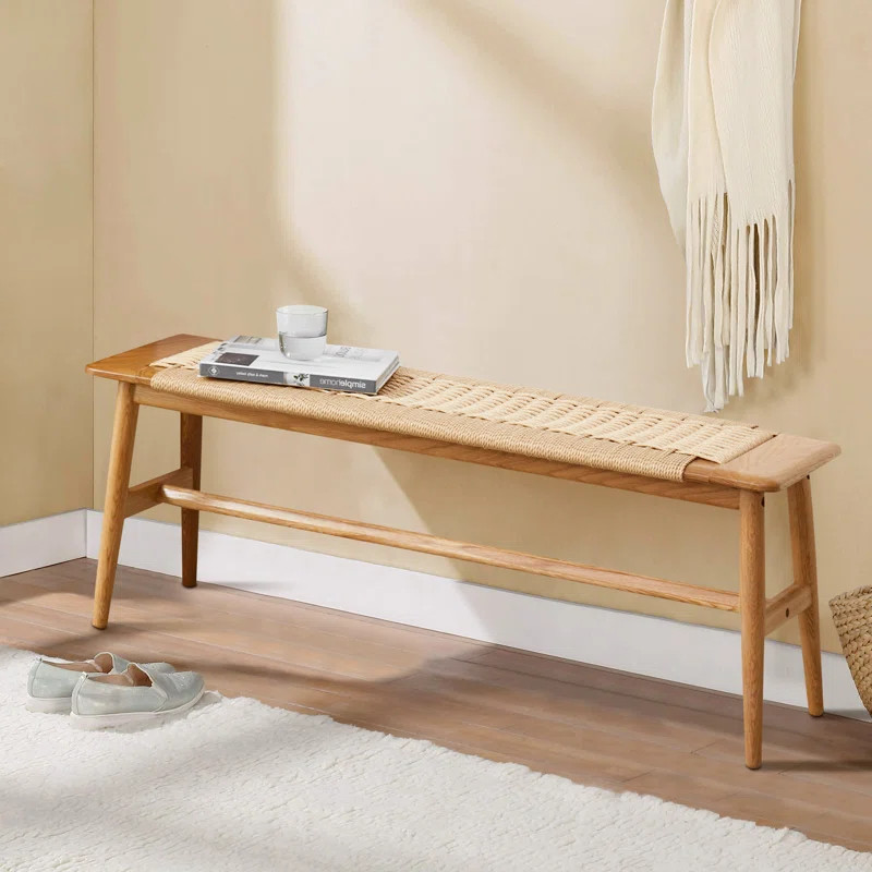 Ersela 32" Rustic Farmhouse Wood Bench, Rattan Natural Oak Accent Bench, Classic Dining Bench, Be... | Wayfair North America