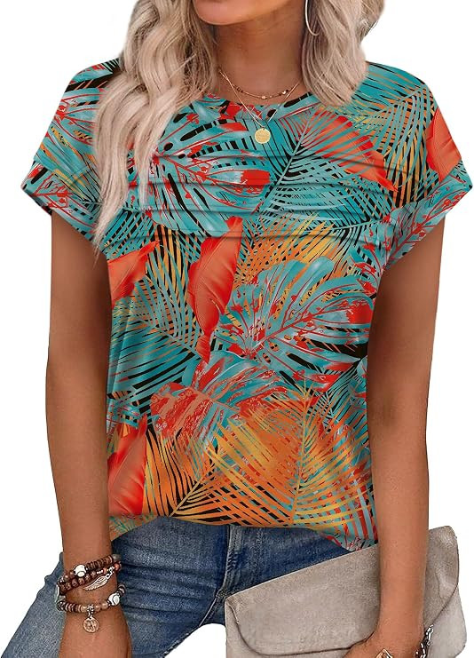 WEESO Womens Summer Tops Trendy 2026 Cap Sleeve T Shirts Crew Neck Pleated Front Beach Vacation C... | Amazon (US)